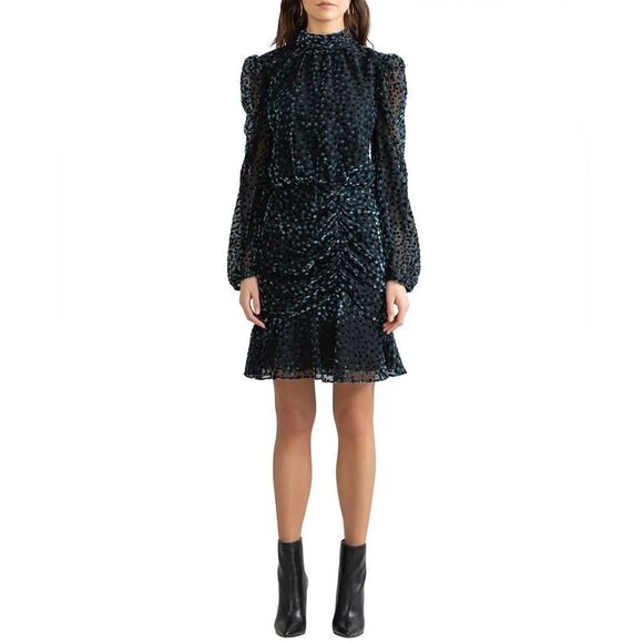 NWT Shoshanna Cassia Dot Velvet Burnout Long Sleeve Mini Dress in Jet/Olive Sz 4 - Picture 4 of 16